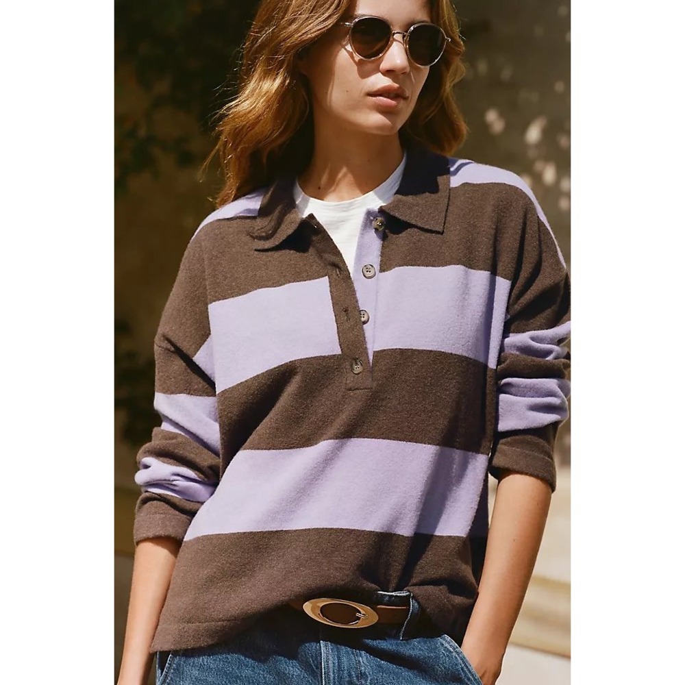 Maeve Anthropologie Striped Polo Sweater Brown Purple Wool Blend XS preppy fall